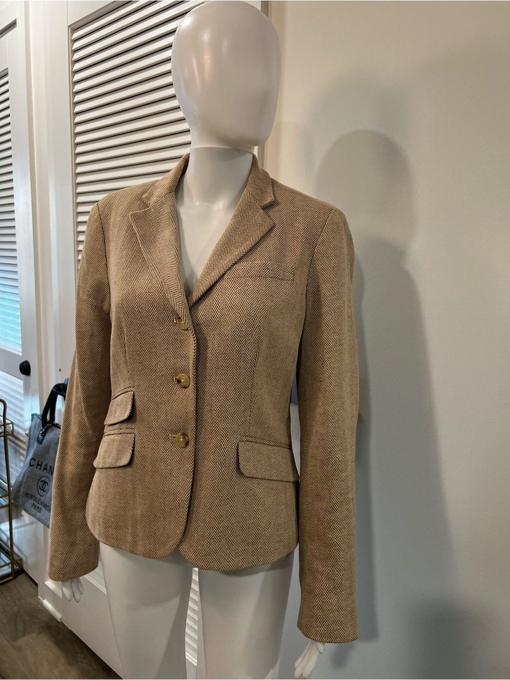 Chaps Womens Beige Herringbone Blazer Jacket
